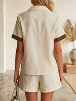 Women's Striped Art Stylish Casual Short Sleeve Top And Pants Breathable Cotton Linen Two-piece Set
