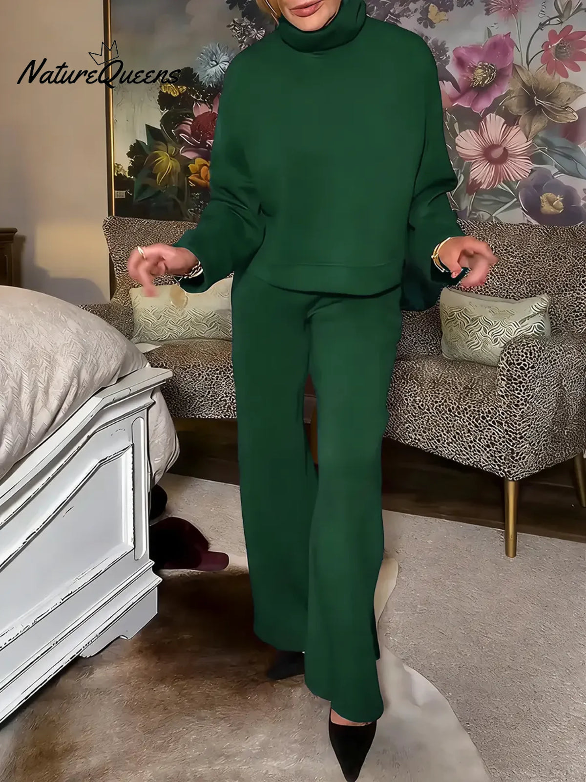 Women's Solid Color Stand-collar Long-sleeved Casual Loose Sweatshirt And High-waisted Wide-leg Pants Set.