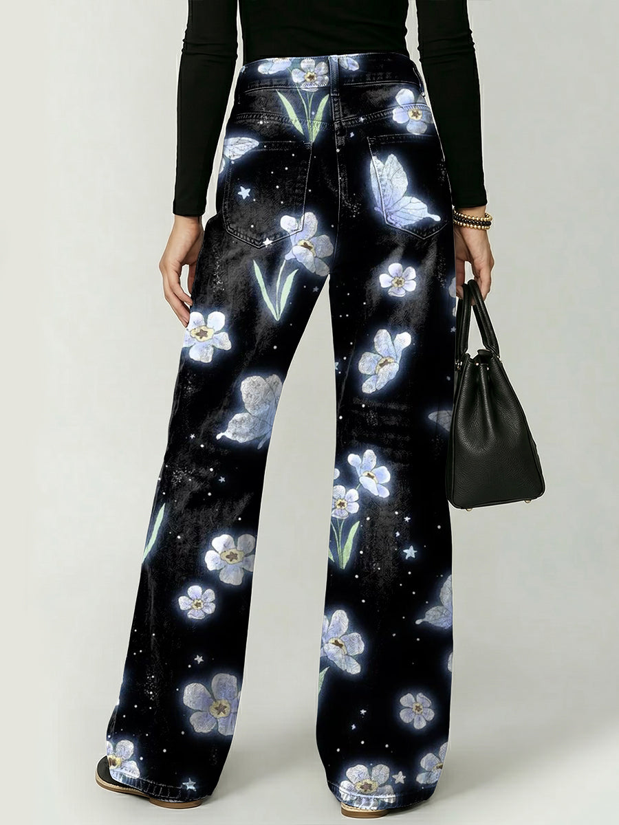 Dreamlike Floral And Butterfly Decorative Patterns Women's Casual Denim Pants