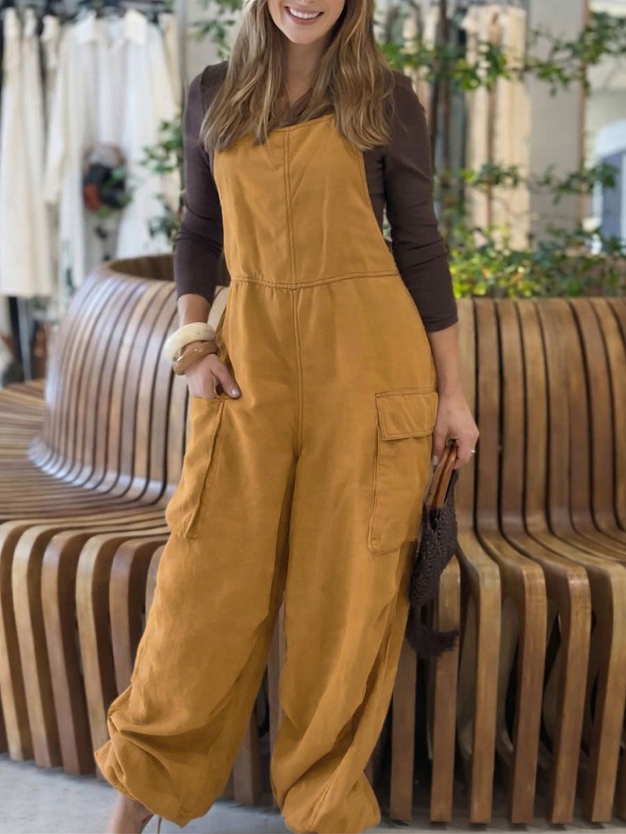 Women's Solid-color Square-neck Sleeveless Casual Loose Cotton-linen Wide-leg Jumpsuit