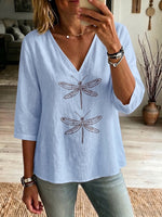 Boho Dragonfly-print Cozy V-neck Cotton-linen Shirt