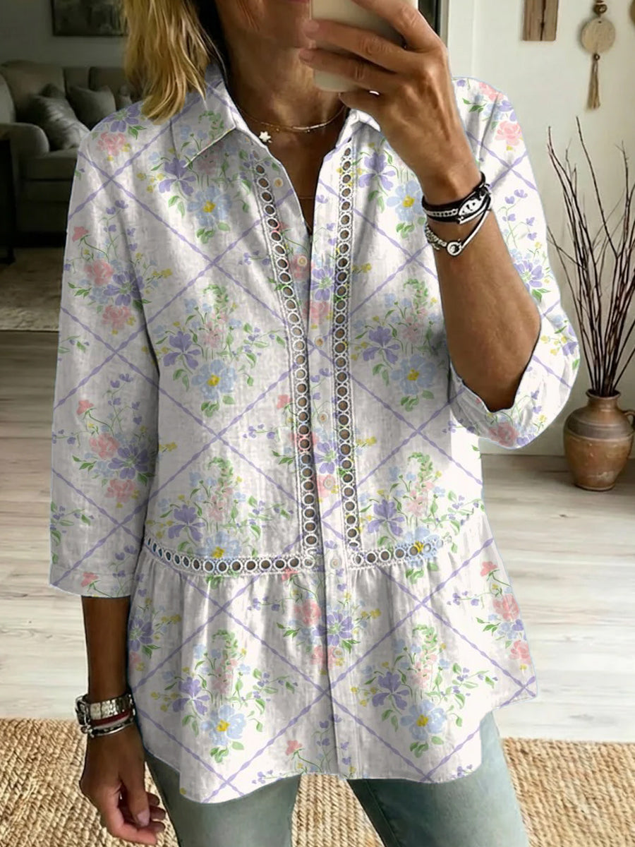 Women's Vintage Botanical Art Print Casual Cotton Shirt With Lapel Collar