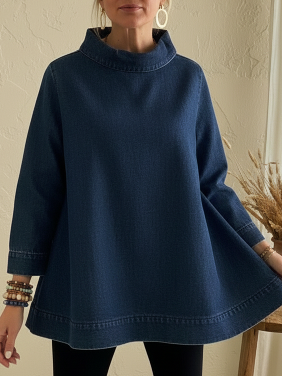 Elegant Mock Neck A-line Denim Cotton Top