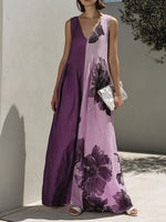 Women's Vintage-print Patchwork V-neck Sleeveless Loose-fit Cotton-linen Casual Dress