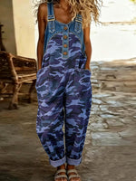 Women's Sleeveless Camouflage Print Casual Loose Denim-paneled Wide-leg Jumpsuit