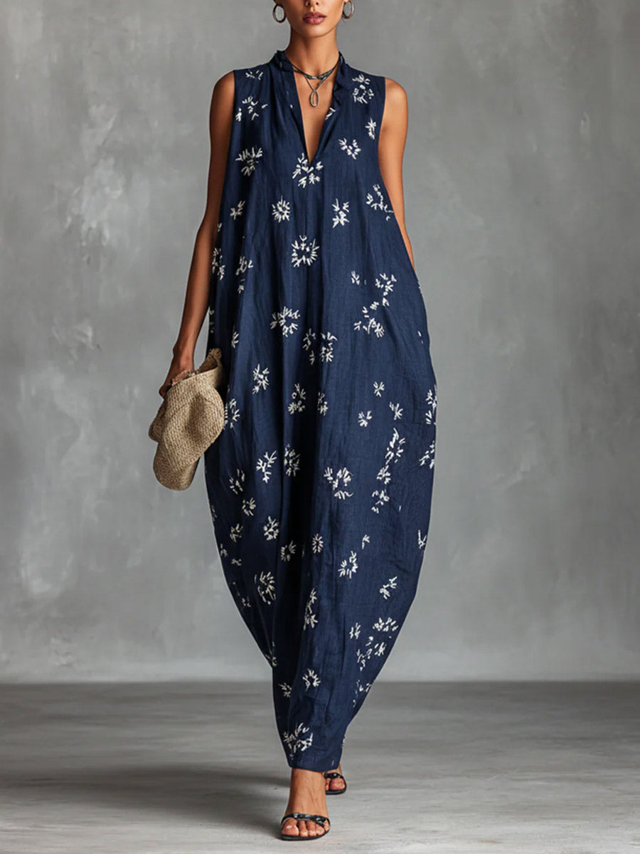 Women's V-neck Sleeveless Casual Loose Cotton Linen Dress