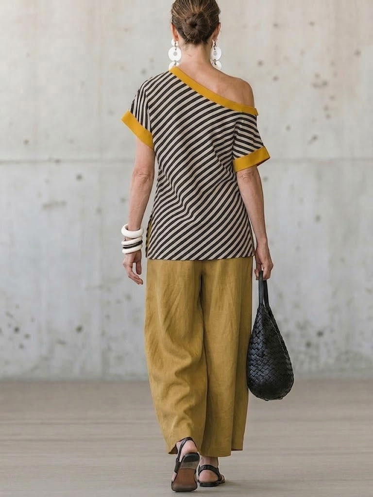 Fashionable Casual Two-piece Set: Striped Linen & Cotton Patchwork One-shoulder Top And Solid-color Trousers