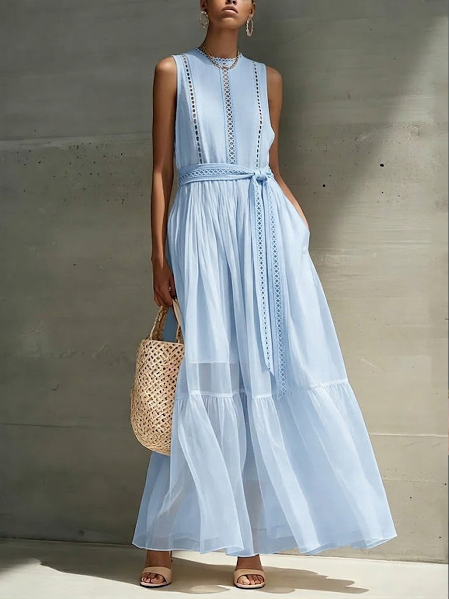 Elegant And Flowing Sleeveless Maxi Dress With Spliced webbing