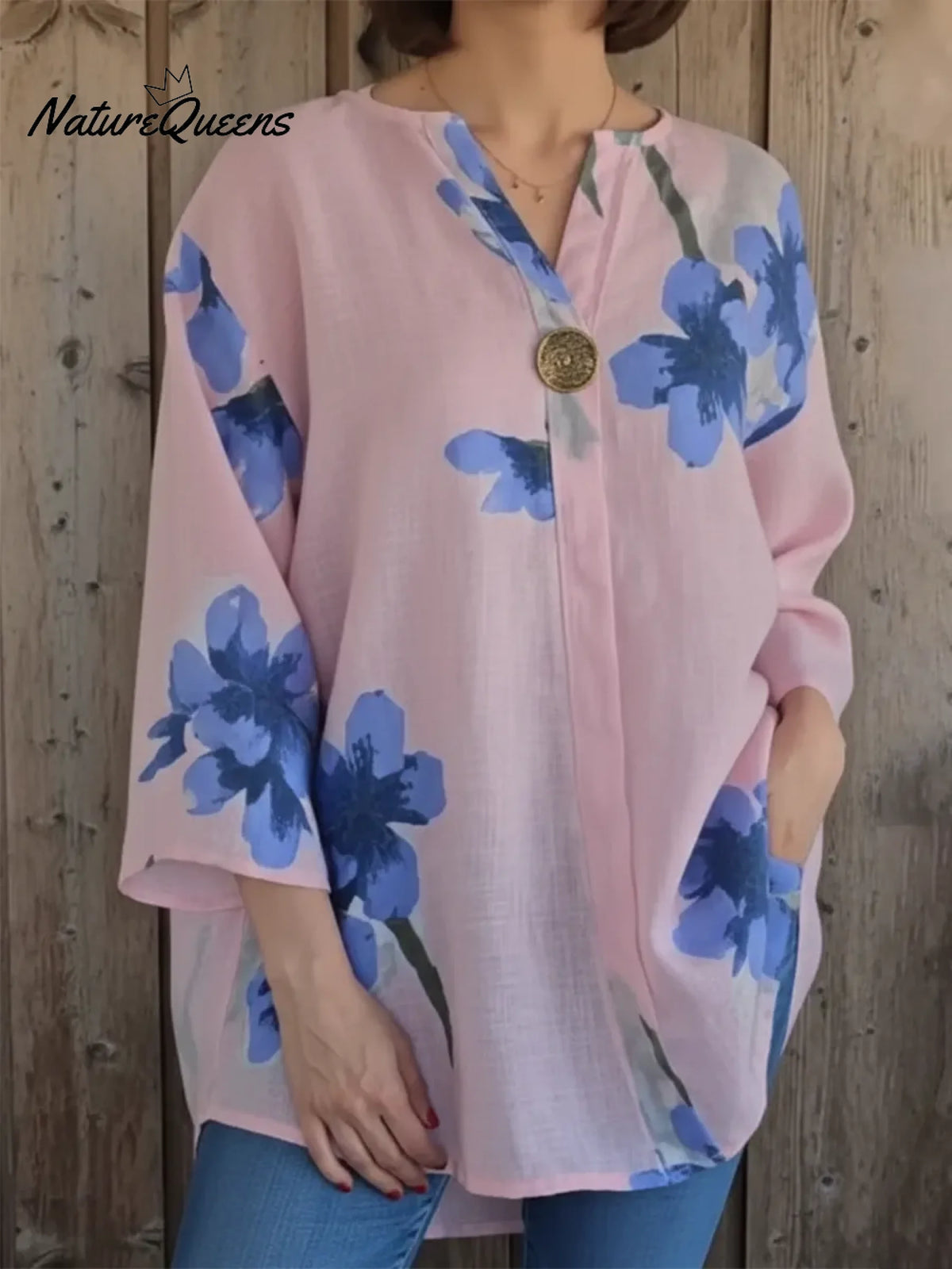 One-button Floral Print Linen Shirt Top