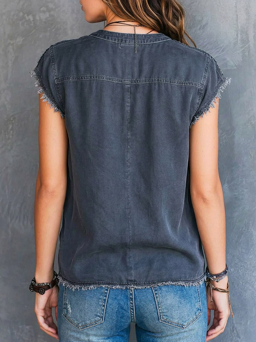 Women's Retro Zip Stylish Pockets Art Casual Denim Shirt