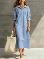 Women's Striped Elegant Art Zip Casual Cotton Linen Dress