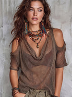 Boho Sexy Cowl-neck Cutout Off-shoulder Knit Top