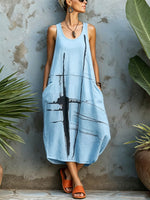 Women's Abstract Print Round-neck Sleeveless Loose-fit Cotton-linen Casual Dress