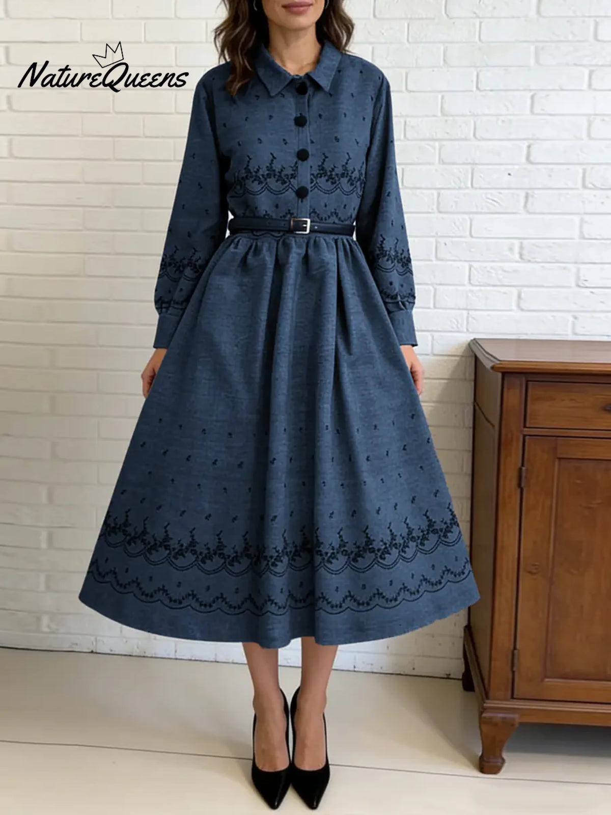 Women's Retro-style Print Shirt Collar Long Sleeve Casual Loose Cotton Dress