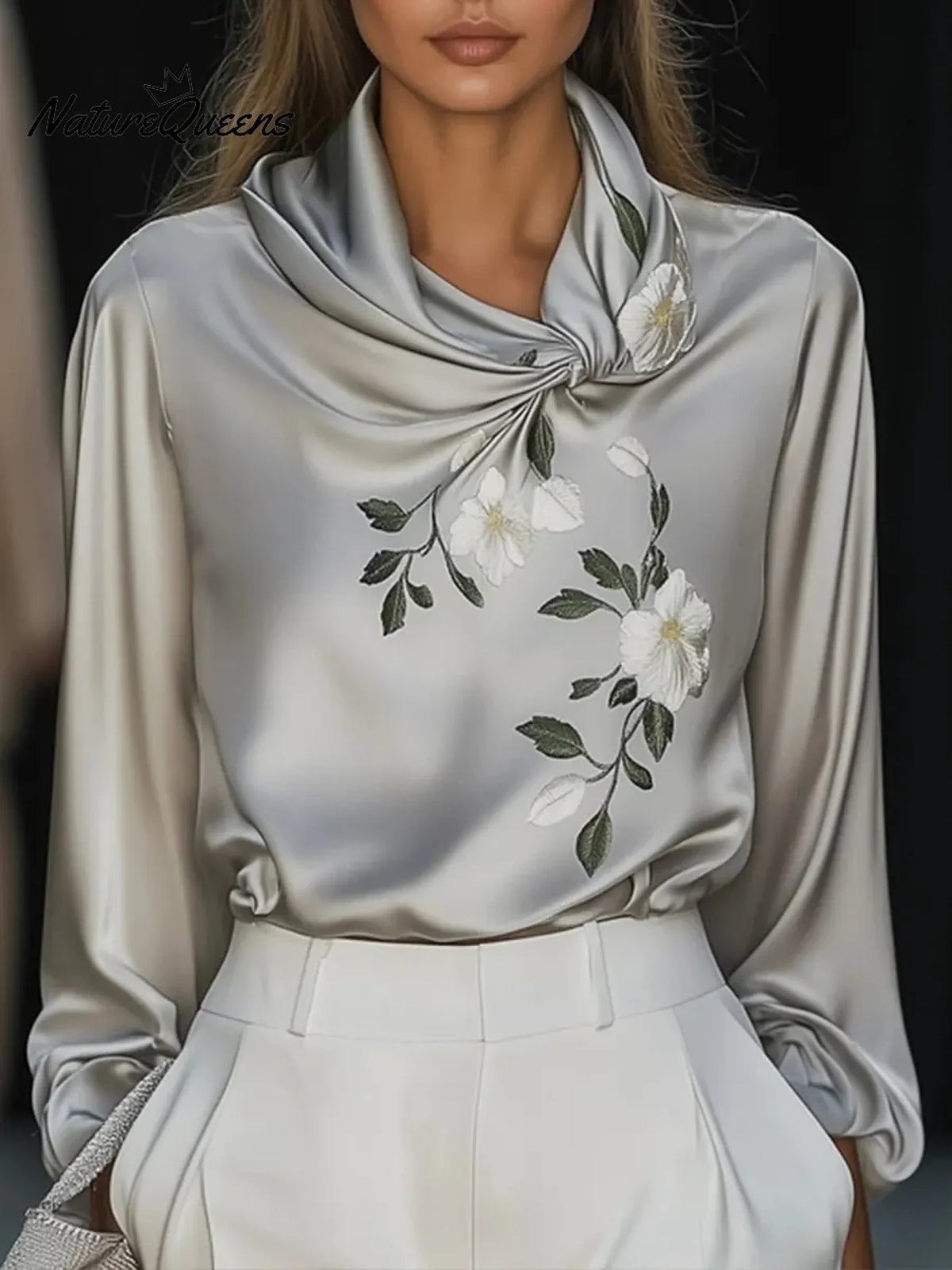 Women's Printed Stand-collar Long-sleeved Casual Loose Satin Top