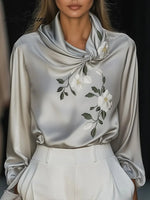 Women's Printed Stand-collar Long-sleeved Casual Loose Satin Top