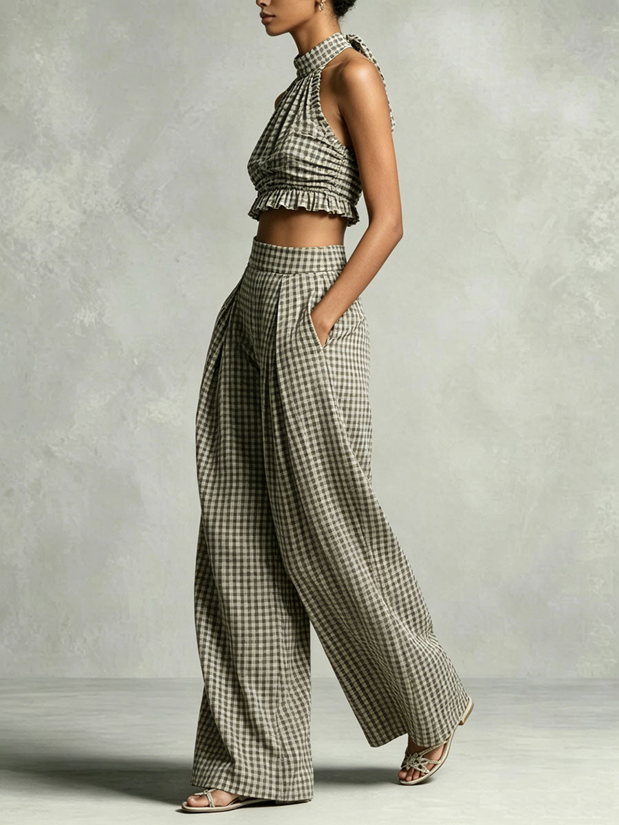 Women's Vintage Plaid Cotton-linen Halter Neck Sleeveless Top And Pants Set