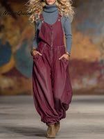 Women's Solid Color Sleeveless Casual Loose Cotton Overalls Wide-leg Pants