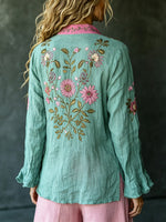 Women's Retro Floral Art Print Casual Cotton Linen Shirt