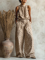 Polka-dot Stand-collar Sleeveless Top + Wide-leg Pants Set