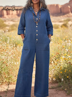 Women's Cozy Loose Collar Button-up Denim Jumpsuit