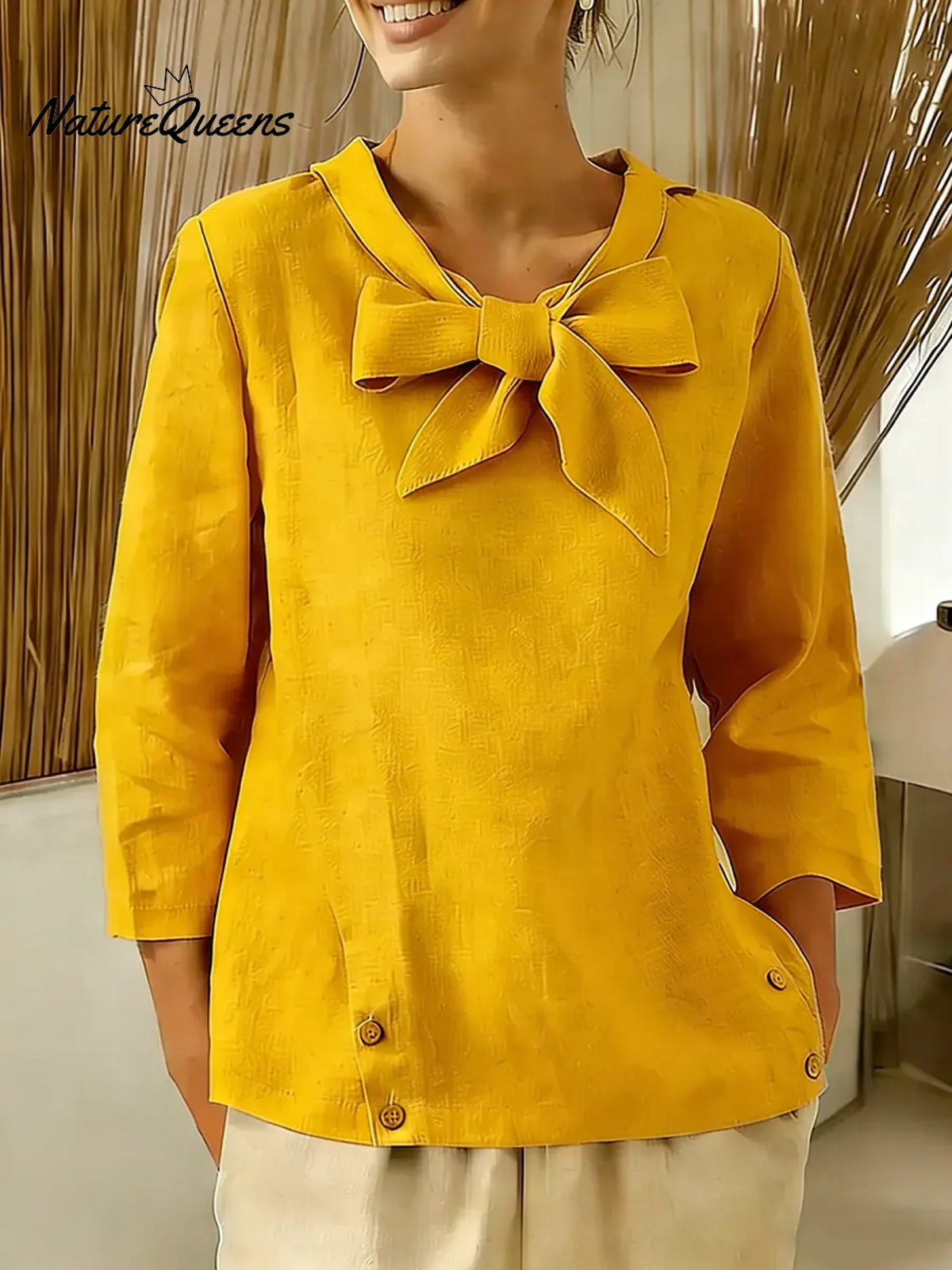 Women's Solid Color V-neck Bow Tie Three-quarter Sleeve Casual Loose Cotton Linen Top