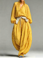 Women's Polka Dot Print V-neck Long-sleeve Loose Chiffon Top & High-waisted Wide-leg Pants Set