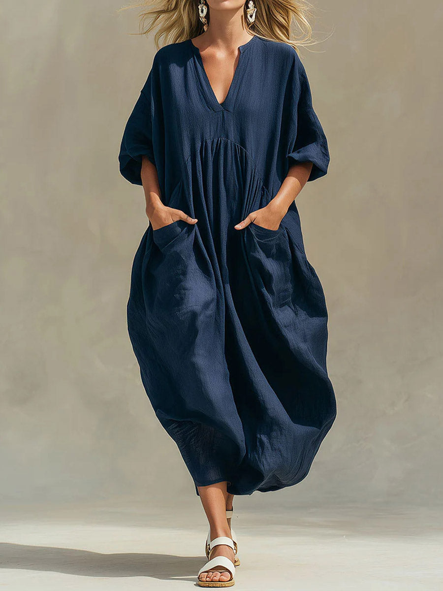 Women's Solid Color V-neck 3/4 Sleeve Casual Loose Cotton And Linen Dress