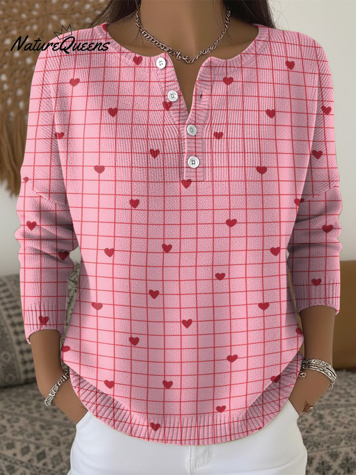 Valentine's Day Heart-shaped Checkered Decorative Pattern Casual Cardigan Collar Long Sleeve Sweater