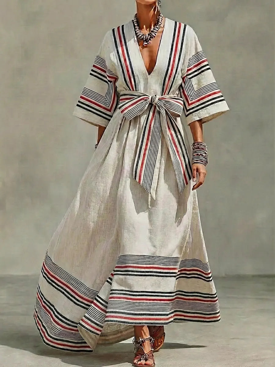 Women's Retro Striped Art Casual Vacation Cotton Linen Maxi Dress