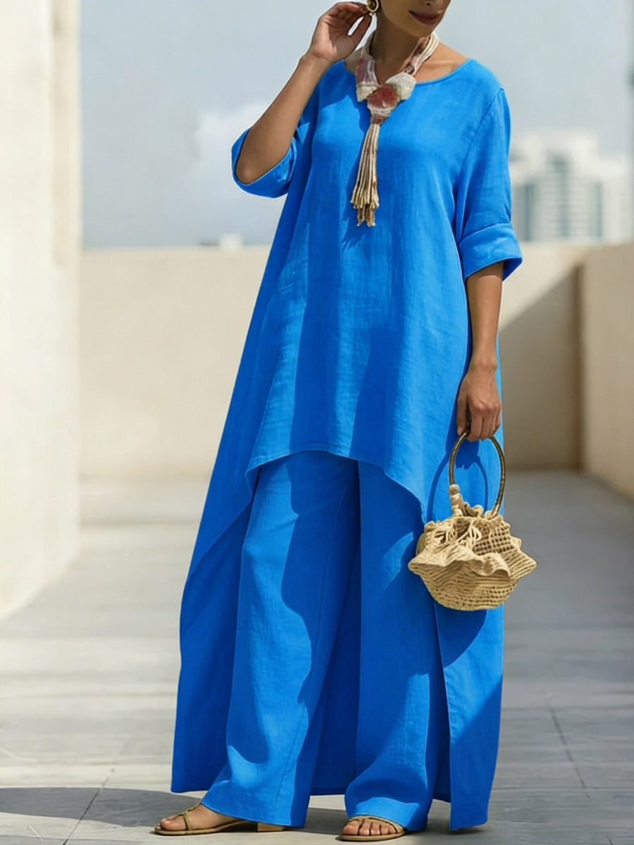 Cozy Travel Asymmetrical Hem Cotton-linen Two-piece Set