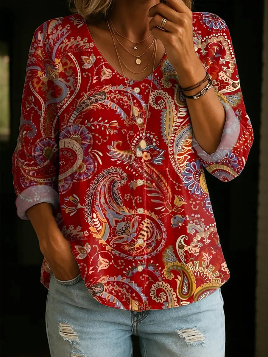Women's Vintage Floral Pattern Art Print Casual Cotton Linen Shirt