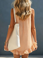 Women's Striped Ruffled Sleeveless V-Neck Spaghetti Strap Mini Dress