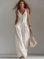 Casual V-neck Button-front Jumpsuit