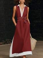 Retro Color-blocked Lapel Maxi Dress With Belt