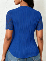 V-neck Vertical Pleat Lace Splice Fitted Short Sleeve Blouse