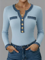 Casual Patchwork Denim Webbing Knit Top