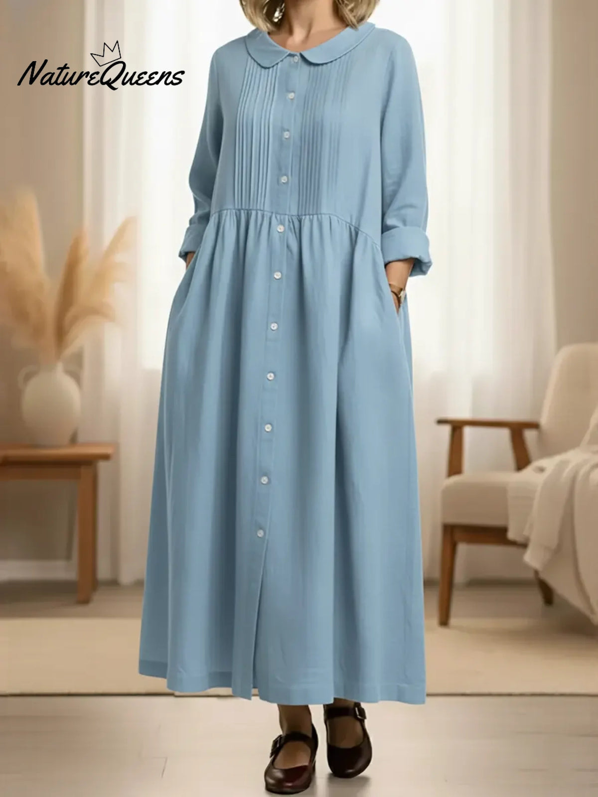 Women's Peter Pan Collar Long-sleeved Cotton And Linen Dress