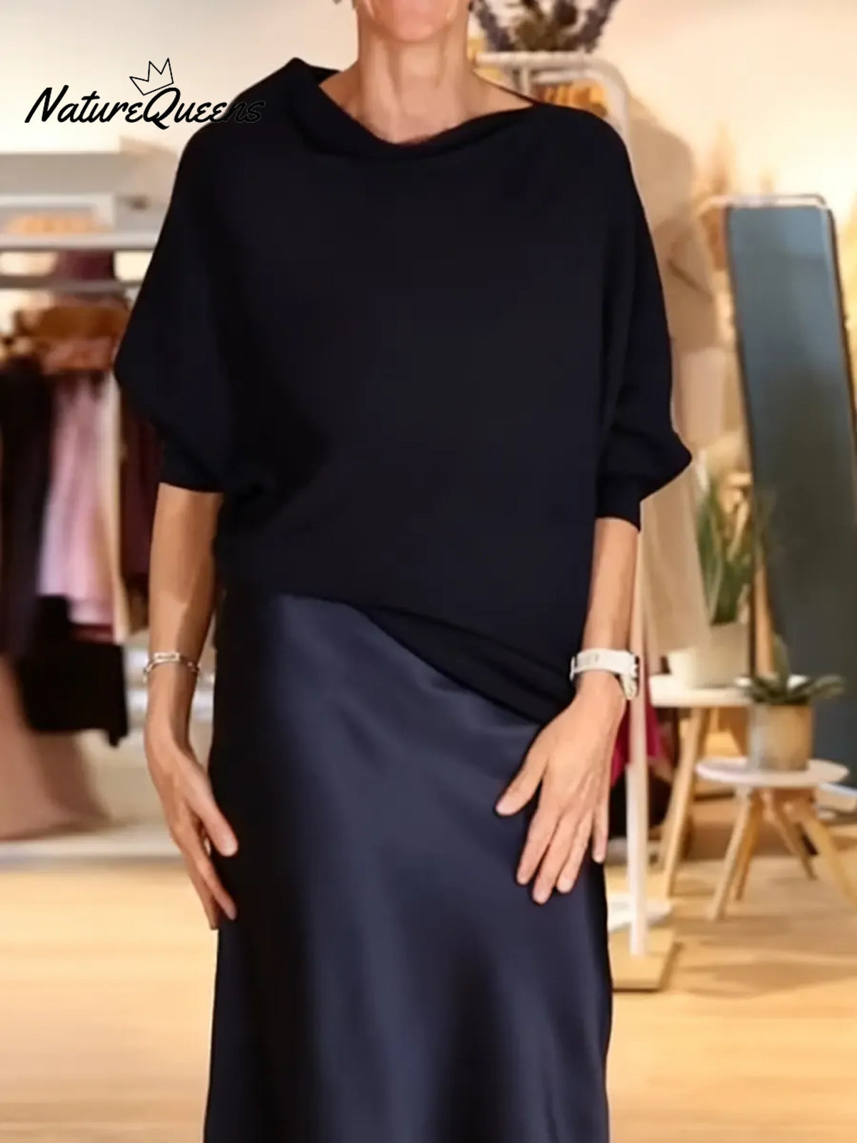 Women's Solid Color Boat Neck Long-sleeved Casual Loose Knit Sweater