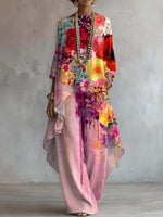 Women's Floral Art Print Casual Stylish 3/4 Sleeve Cotton Suits