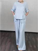 Women's Cozy Striped Linen And Cotton Top And Pants Two-piece Set.