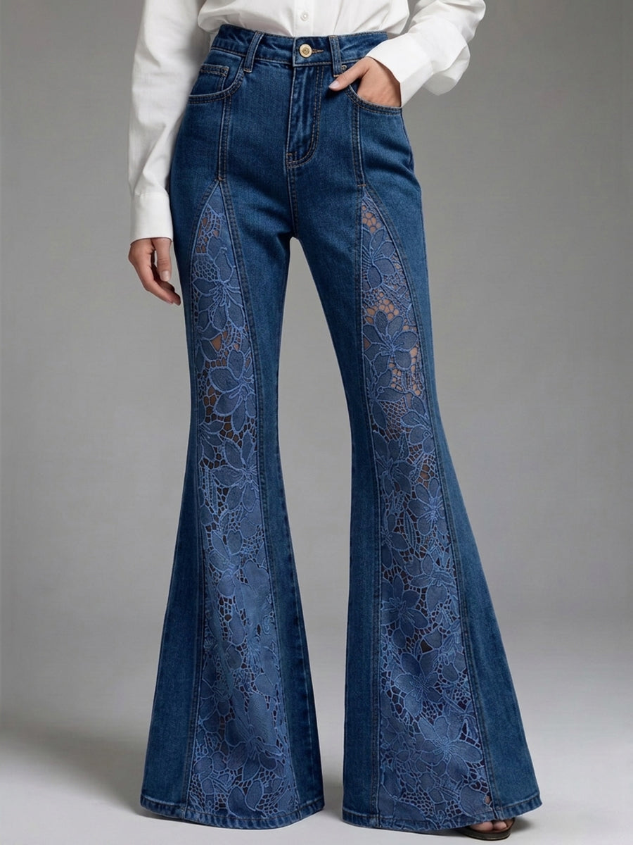 Women's Flared Denim Pants with Cutout Lace Paneling
