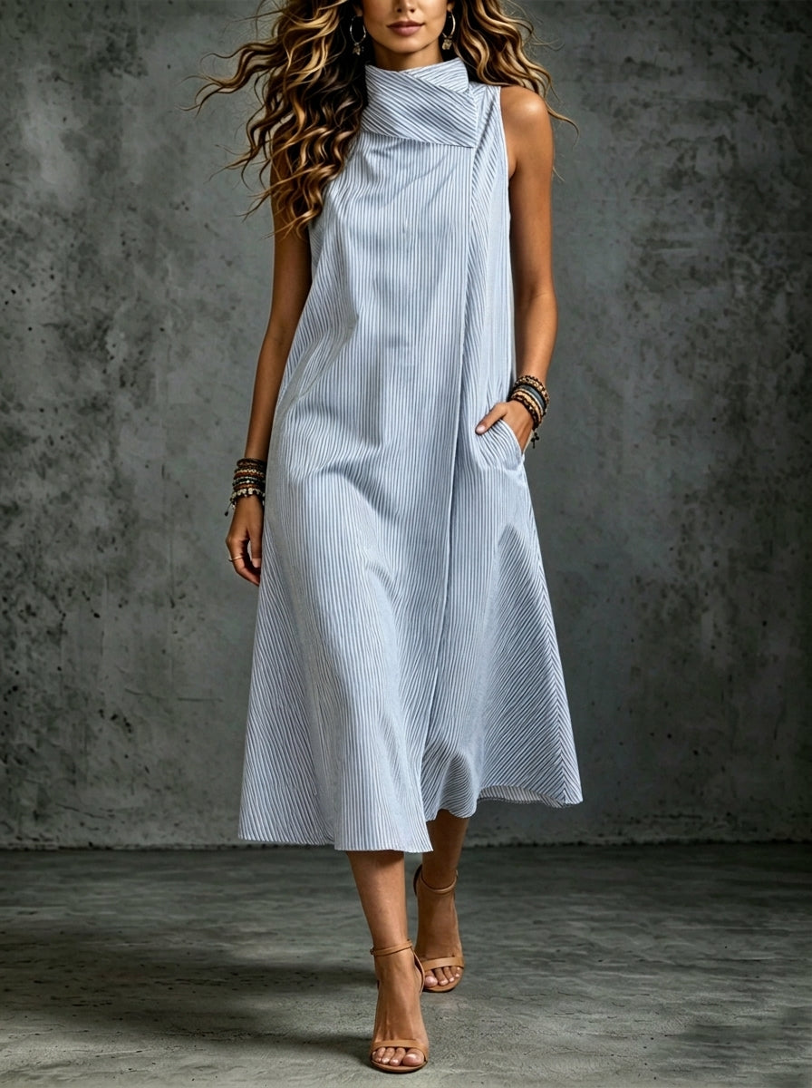 Women's Elegant Striped Stand-up Collar Flowy Maxi Dress
