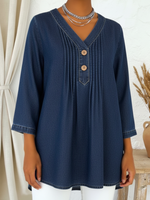 Casual V-neck Pleated Button-up Denim Cotton Top