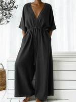 Casual V-neck Loose-fitting Drawstring Waist Denim Jumpsuit