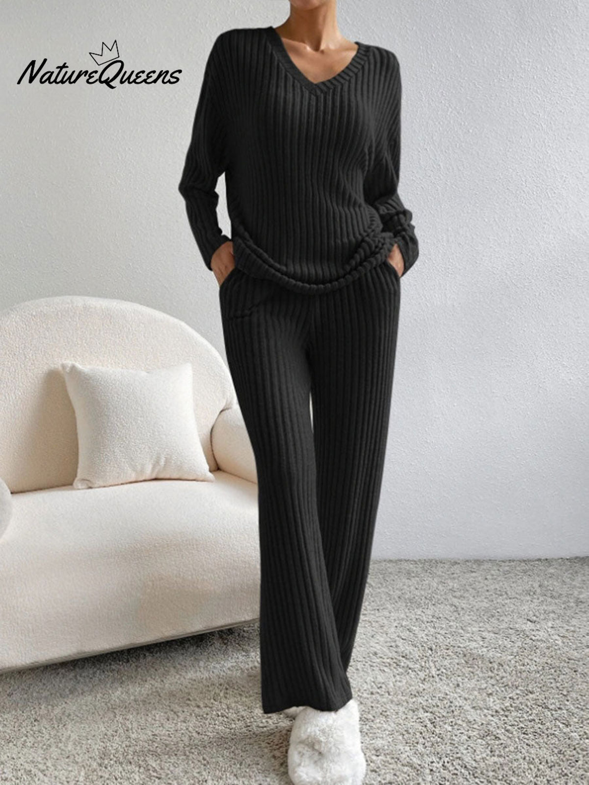 Women's Solid Color Casual Straight Leg Pants Loose V-neck Knit Set