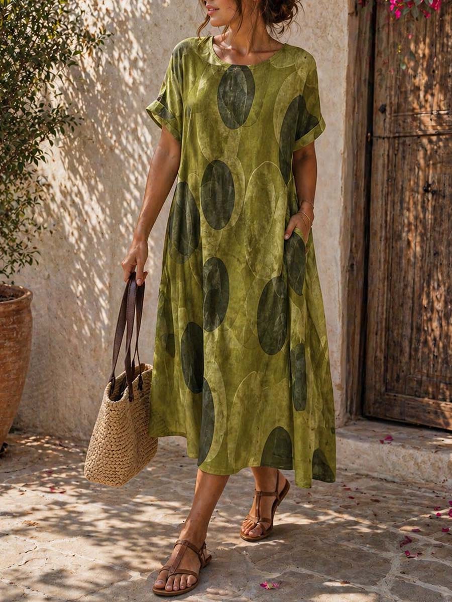 Women's Casual Loose Cotton-linen Dress With Abstract Print Round Neck And Short Sleeves