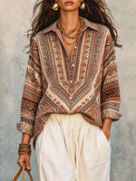 Women's Ethnic Pattern Art Casual Stylish Long Sleeve Cotton Linen Shirt