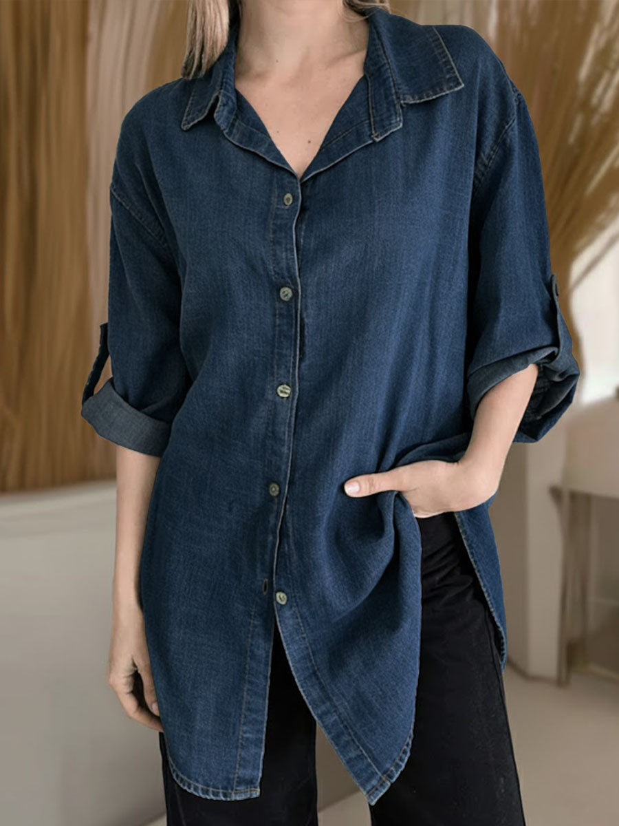 Women's Lapel Long-sleeved Casual Loose Denim Shirt