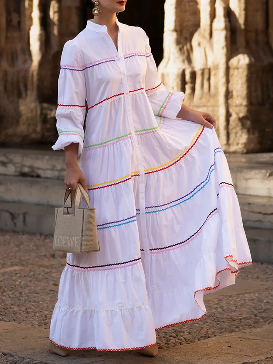 Women's Patchwork Colorful Woven Ribbon 100% Cotton Maxi Dress